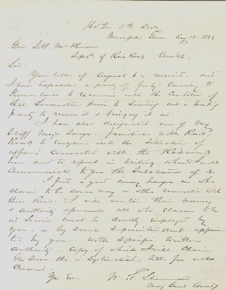Good Content War-Date Autograph Letter Signed by General William Tecumseh Sherman
