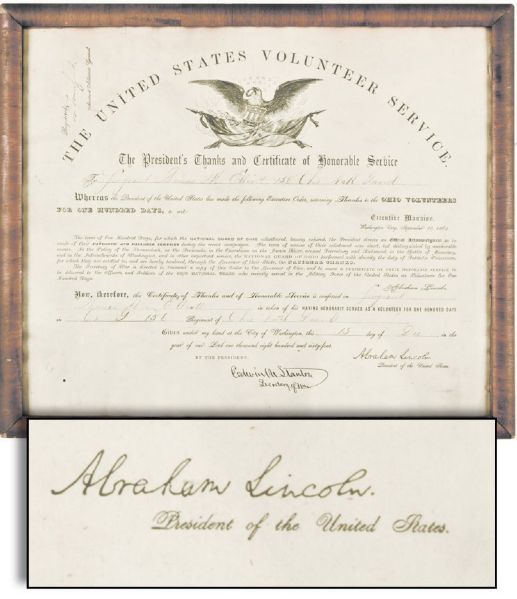 1864 Civil War Ohio Volunteer Service Certificate with Rare Printed Facsimile Signature of President Abraham Lincoln 