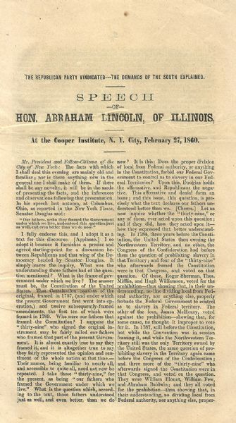 Abraham Lincoln's Cooper Union Speech Pamphlet....Variant Not Listed In Monaghan