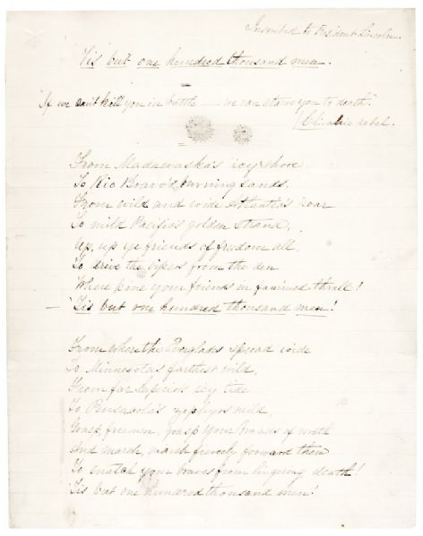Handwritten Original Poem Inscribed to Abraham Lincoln From Colonel Thomas Worthington of the 46th Ohio OVI
