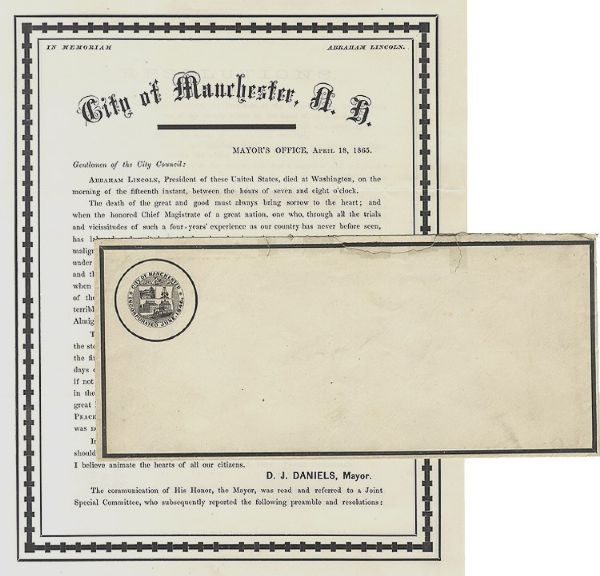 Abraham Lincoln Assassination - Mourning Resolution From Manchester, New Hampshire, April 18, 1865