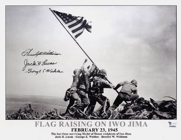 James Rosenthal’s Famous Image of the Flag Raising on Iwo Jima Signed by Three Medal of Honor Recipients