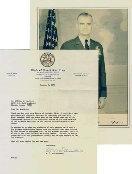 General Westmoreland Signed Letter with Good Content and Signed Photograph