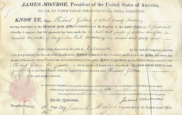 President James Monroe Signed Land Grant
