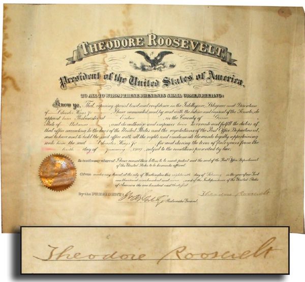 Excellent President Theodore Roosevelt Signed Presidential Appointment