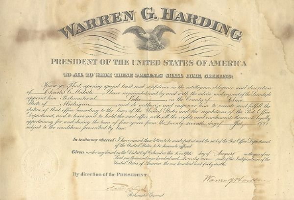 Postmaster Appointment Signed by President Warren G. Harding