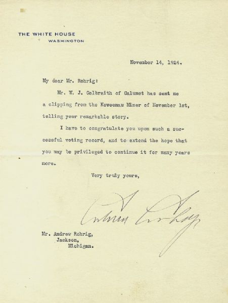 President Calvin Coolidge Congratulates a Voter on his Record