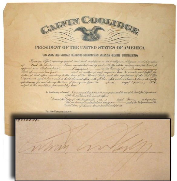President Calvin Coolidge Signed Postal Appointment
