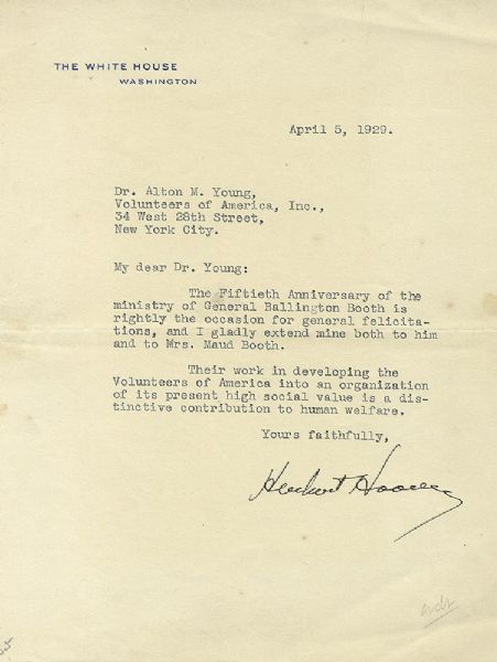 President Herbert Hoover Writes Dr. Young of the Volunteers of America