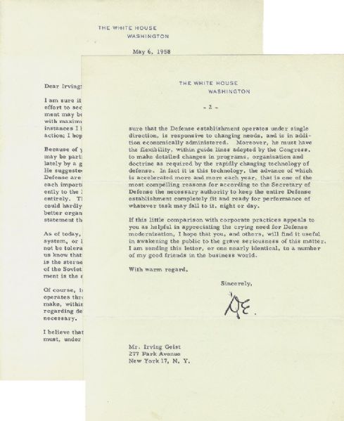 Excellent Letter by President Eisenhower to Medal of Honor Receipient Irving Gist Comparing a Restructured Defense Department with a Corporation