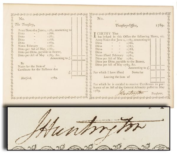 Revolutionary War General Jedediah Huntington Signed 1789 Connecticut Financial Funding & Debt Document 