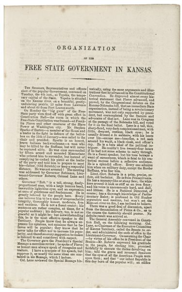 1856 Imprint Free State Government in Kansas with the Inaugural Speech and Message of Governor Robinson