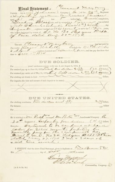 Original American Black Buffalo Soldier Discharge Paper