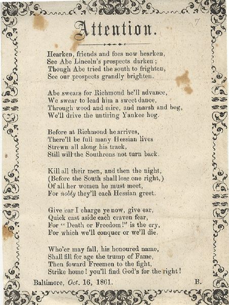 1861 Southern Poem Promising To Beat The Yankees and Abe Lincoln Back