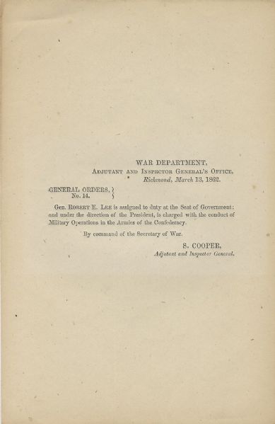 Important Confederate General Order Puts Robert E. Lee in Charge