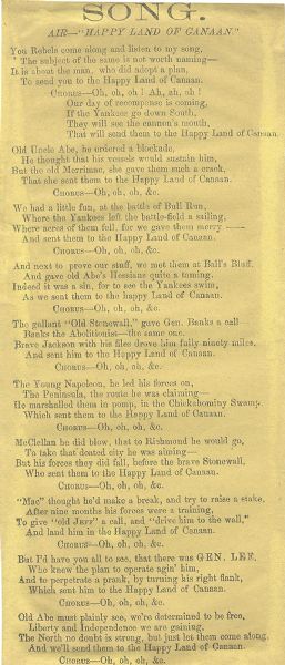 . Southern Happy Land of Canaan Poem Mocking The North After McClellan's Failed Peninsular Campaign