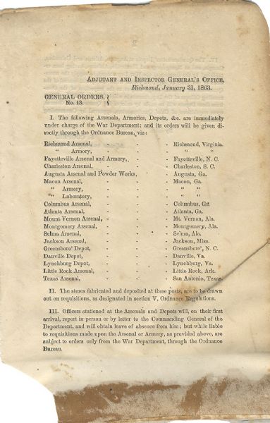 The South's Arsenals, Laboratories Armories and Powder Works Are Placed Under The CSA Ordnance Bureau's Charge