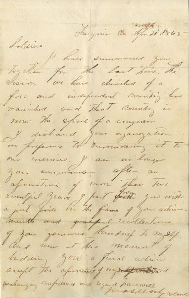 The Period Draft of Colonel John Mosby’s Farewell In His Hand