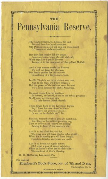 Rare 1861 Pennsylvania Reserve Corps Patriotic Poem