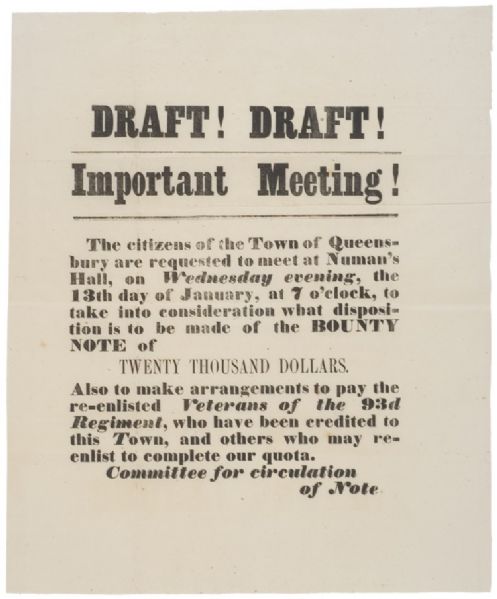 DRAFT! DRAFT! Important Meeting! Morgan Rifles 93rd NY Volunteers  $20,000 Bounty For New Soldiers