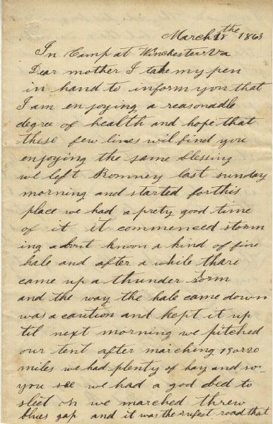 Teli E. F. Dumphy To Spred Herself With Her Long Legged Heffer”	War-date Union soldier's letter, 4pp. 8vo., written by Pvt. Ephraim W. Frost [POW Winchester, Va., 6/13/63; WIA Piedmont, Va.,...