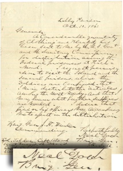 General Neal Dow Writes from Libby Prison Pertaining to Supplies for the Union POW's there and in the Surrounding Prisons