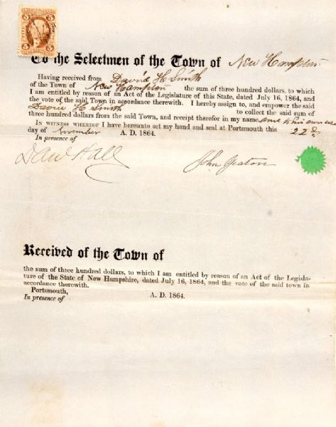 $300 Civil War 1864 Union Substitute Volunteer Document