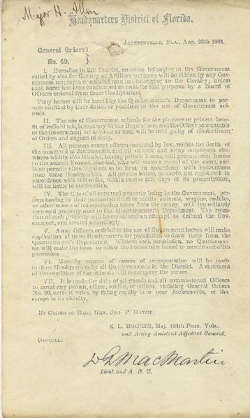 Soldiers and Citizens Are Required To Turn Over Captured Horses and Equipment at Jacksonville, Florida