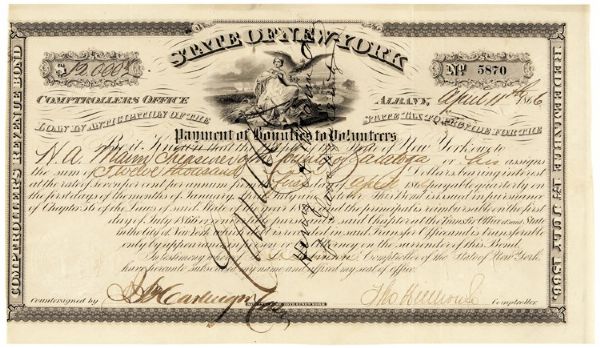 Scarce State Of New York Civil War $12,000 Bounties To Volunteers Ornately Printed Civil War Era Bond