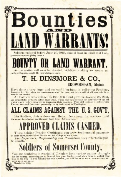 Civil War Broadside BOUNTIES & LAND WARRANTS!