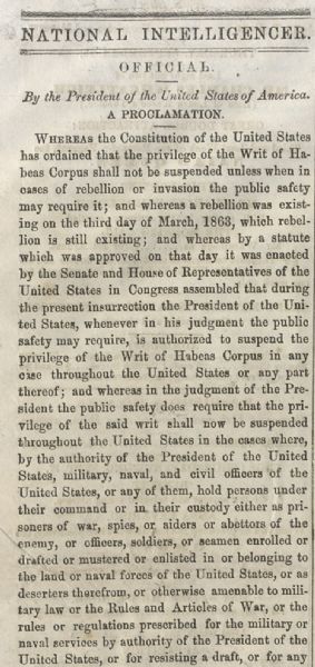 Lincoln Proclamation - Suspending the Writ of Habeas Corpus Throughout the United States
