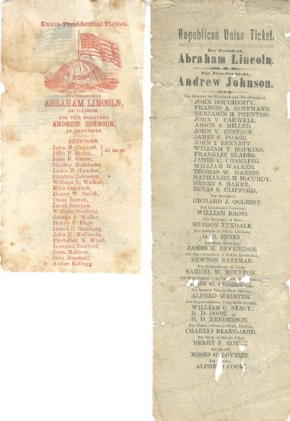 Pair of Lincoln-Johnson 1864 campaign ballots....From Illinois and Ohio