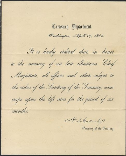 Treasury Department Lincoln Assassination - Mourning Order April 17, 1865