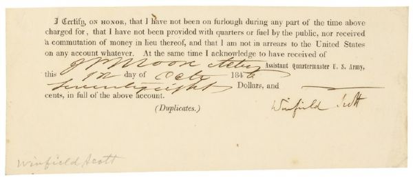 1846 Commutation of Money Document Signed By Old Fuss and Feathers Union Army General Winfield Scott 