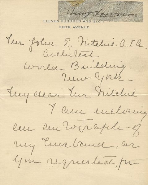 Mary Harrison, wife of President Benjamin Harrison, sends his autograph to a collector