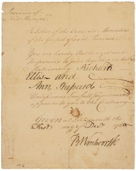 New Hampshire Marriage Certificate Signed by Governor Benning Wentworth 