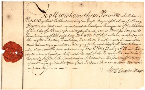 Signed Document By The Last Loyalist Albany Mayor, Abraham C. Cuyler