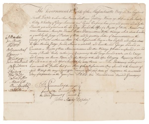 1776 Revolutionary War Massachusetts Document Signed by Fourteen Council Members of Massachusetts-Bay Government while in Exile from Boston in Watertown