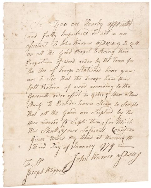 Revolutionary War Continental Army “Field Appointment” Issued by John Warner to Joseph Whipple at Warwick, RI 