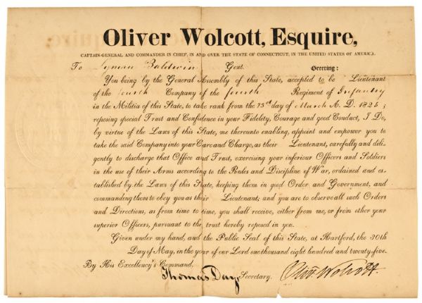 Scarce 1825 Military Commission Signed “Oliver Wolcott” 