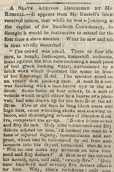 The Famed English War-Correspondentst Writes His Eye Witness Account of a Slave Auction