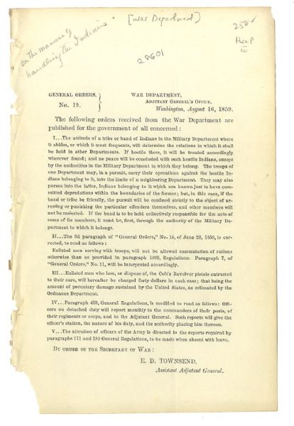 Secretary of War John B. Floyd Issues General Order #19 RE: Hostile Indians