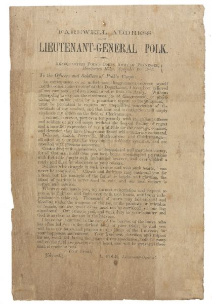 Lieutenant General Polk’s Field Printed Farewell Address Broadside