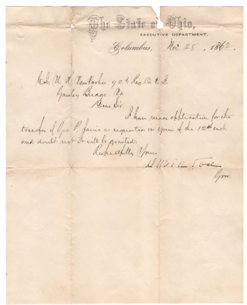 Ohio Governor David Tod Drafts a Letter To Col. Vanvorhes, 92nd Ohio. 