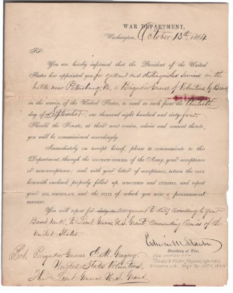  Edgar M. Gregory Gets His Brevet Brigadier General's Promotion from Sec. of War Stanton. 