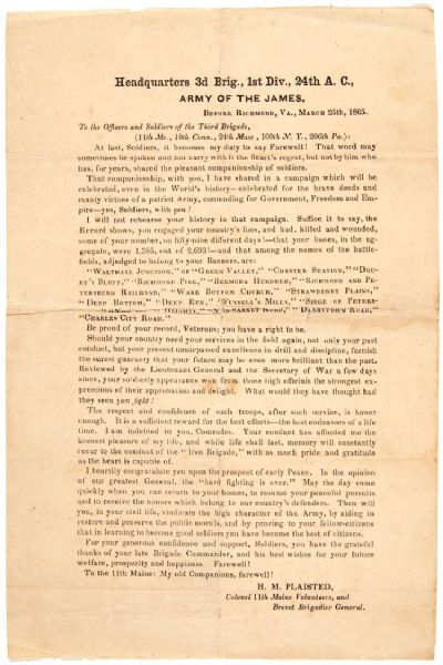 Printed Broadside Farewell of Brevet Brigadier General H.M. Plaisted of the 11th Maine Volunteers