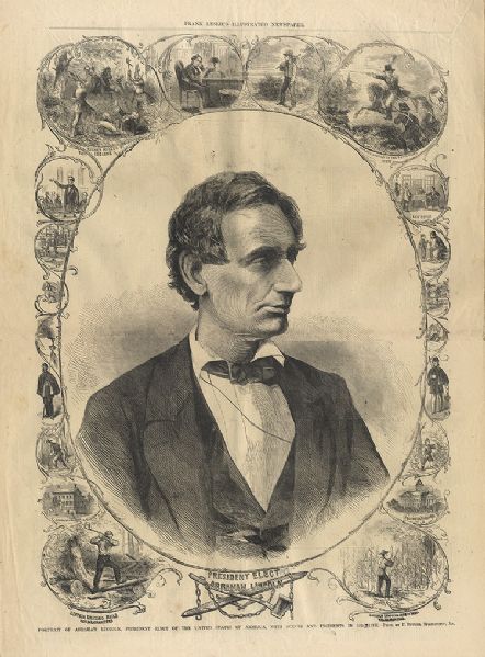 Newly Elected Beardless Abraham Lincoln Portrait in Frank Leslie's Illustrated Newspaper. 