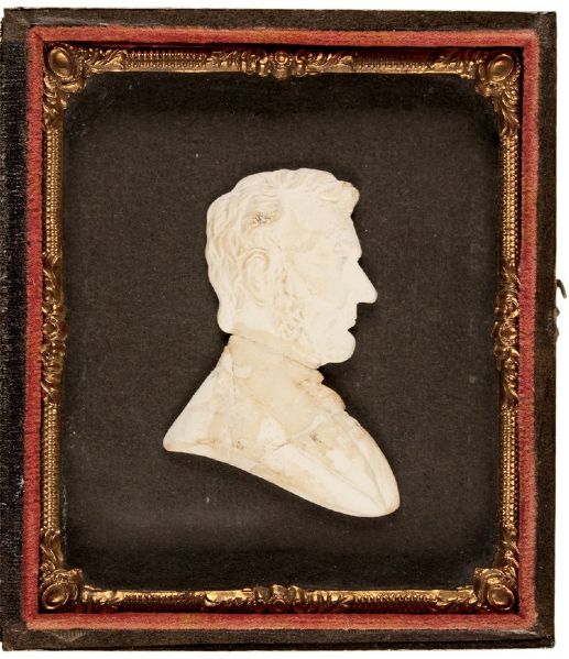 Abraham Lincoln Assassination Mourning Period, White Plaster Portrait upon a Black Background under Glass housed in its Original Case