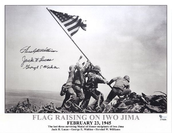 James Rosenthal’s Famous Image of the Flag Raising on Iwo Jima Signed by Three Medal of Honor Recipients