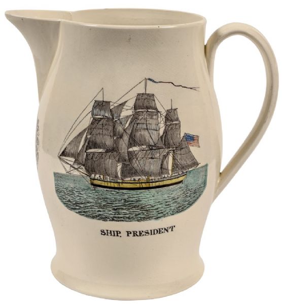 War of 1812 Period, Large Size Historical Liverpool Creamware Pitcher With “SHIP PRESIDENT” Flying a 16-Star American Flag 
